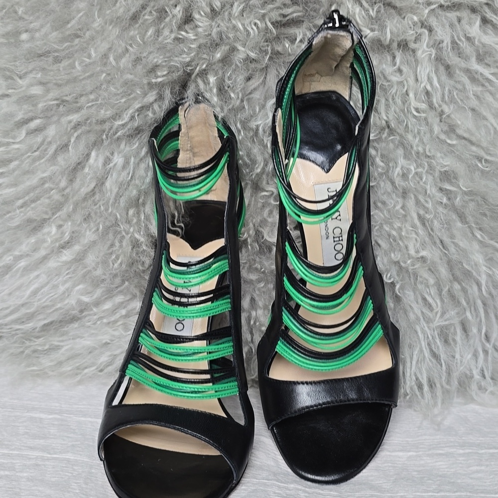 Jimmy Choo Black/Green Leather Corsica Ankle Strap Sandals Size 37.5 - Picture 3 of 17